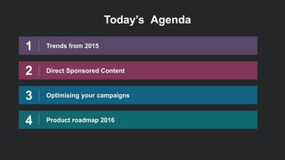 Today’s Agenda
Trends from 20151
Direct Sponsored Content2
Optimising your campaigns3
Product roadmap 20164
 