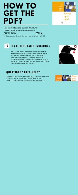 I F A L L E L S E F A I L S . . S C I - H U B ?
Ifallelsefails,youhavetheoptiontoconsiderusingSci-
Hub.ThereishoweverabigBUT!ThereisaRISKinusing
this"service".InmanycountriestheuseofSci-Hubis
consideredasan"illegalact",asifinvolvescontent
protectedbycopyrightlaws. As library,wecannotadvice
theuseofSci-Hub,butresearchshowstheuseisworldwide
ándsubstantial.Useatyourownrisk.
Q U E S T I O N S ? N E E D H E L P ?
Please contact us, if you need help using one or more of these
tools or tips. Also if you notice something is wrong
email: cmb@umcg.nl website http://www.umcg.nl/cmb 
17
Findthefull-textofe-journalsINSIDEOR
OUTSIDEthecollectionofthelibrary
ALLOPTIONS                             PART3
by Guus van den Brekel Central Medical Library UMCG
HOW TO
GET THE
PDF?
 