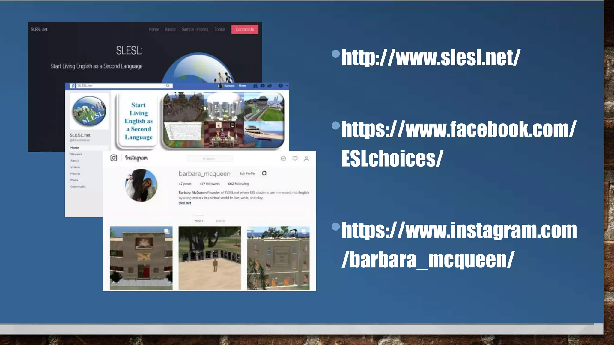 •http://www.slesl.net/
•https://www.facebook.com/
ESLchoices/
•https://www.instagram.com
/barbara_mcqueen/
 