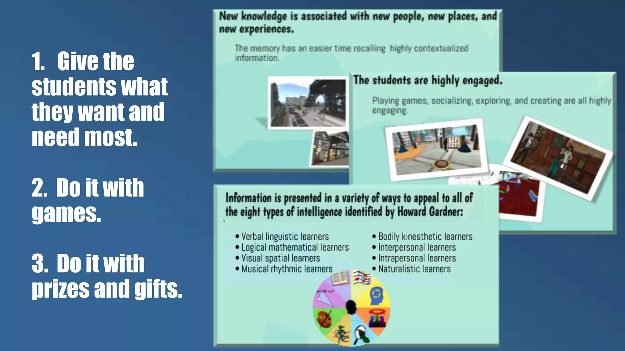 1. Give the
students what
they want and
need most.
2. Do it with
games.
3. Do it with
prizes and gifts.
 