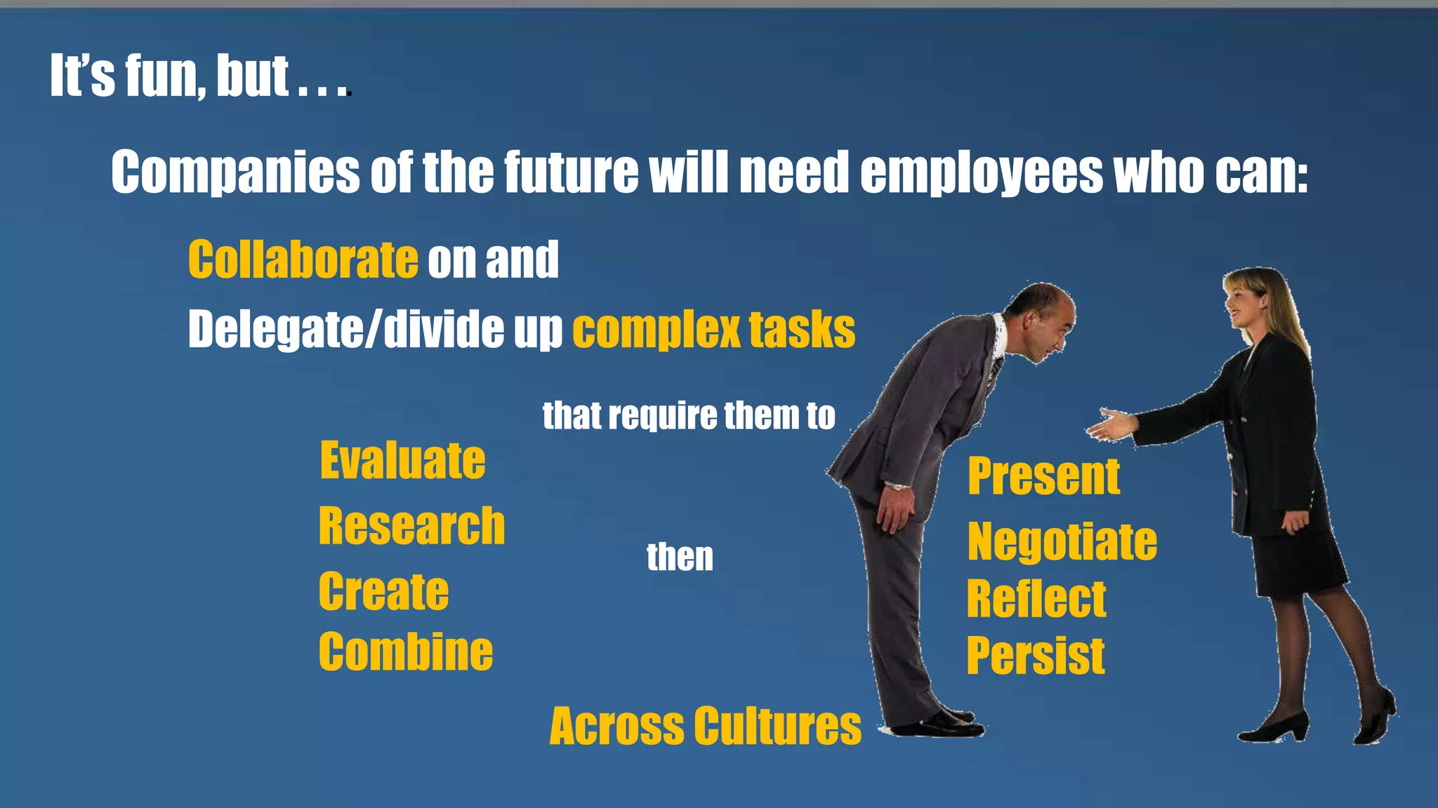 Companies of the future will need employees who can:
Collaborate on and
Research
Create
Combine
then
Present
Reflect
Across Cultures
Delegate/divide up complex tasks
Evaluate
Negotiate
Persist
that require them to
It’s fun, but . . ..
 