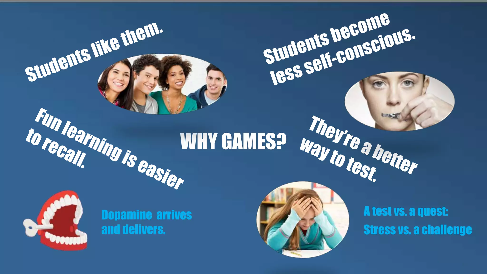 WHY GAMES?
A test vs. a quest:
Stress vs. a challenge
Dopamine arrives
and delivers.
 