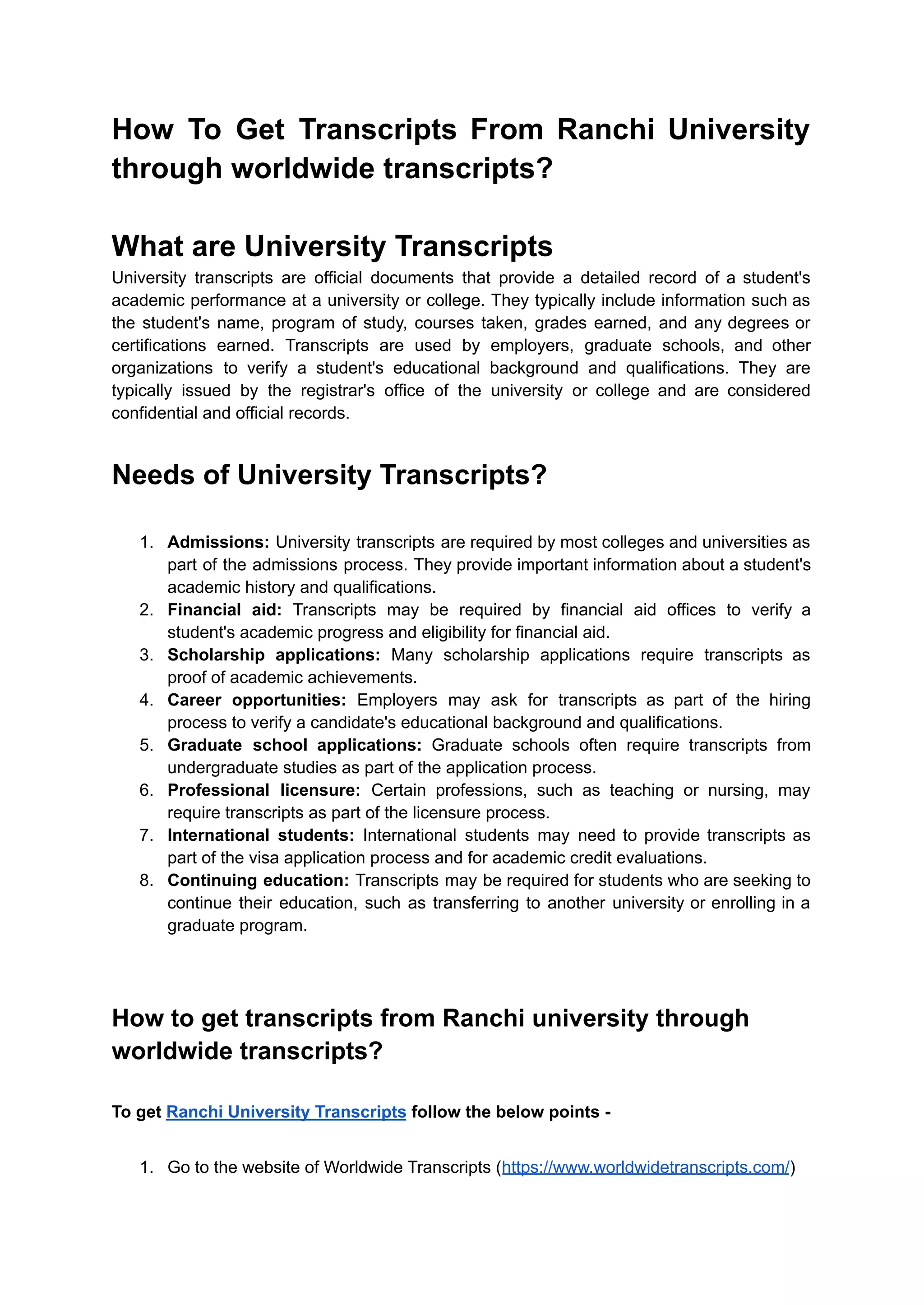How to get transcripts from ranchi university through worldwide ...
