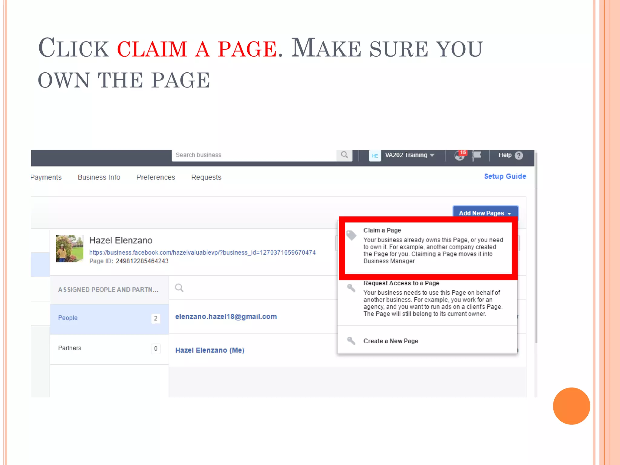 CLICK CLAIM A PAGE. MAKE SURE YOU
OWN THE PAGE
 