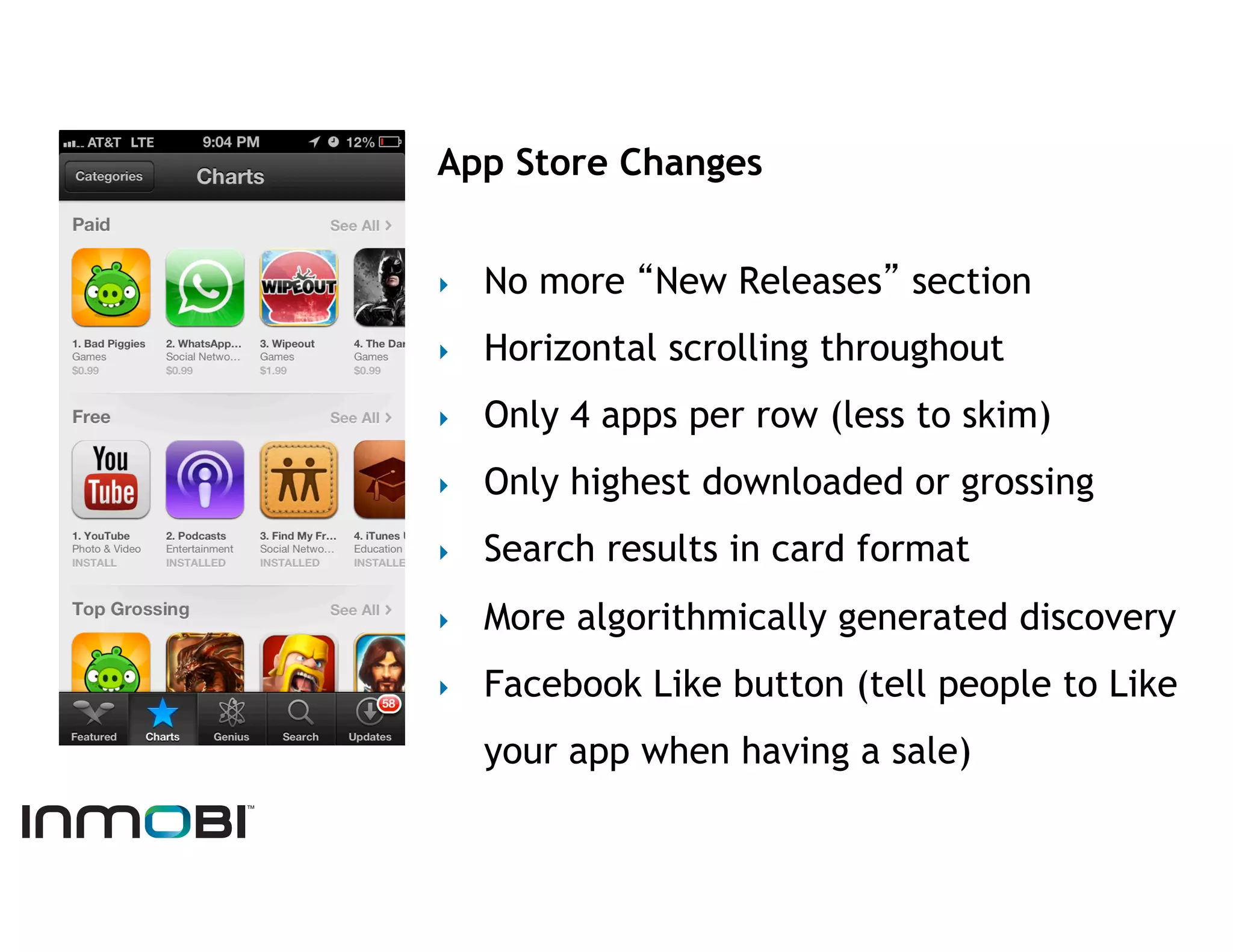 App Store Changes


‣    No more “New Releases” section
‣    Horizontal scrolling throughout
‣    Only 4 apps per row (less to skim)
‣    Only highest downloaded or grossing
‣    Search results in card format
‣    More algorithmically generated discovery
‣    Facebook Like button (tell people to Like
     your app when having a sale)
 