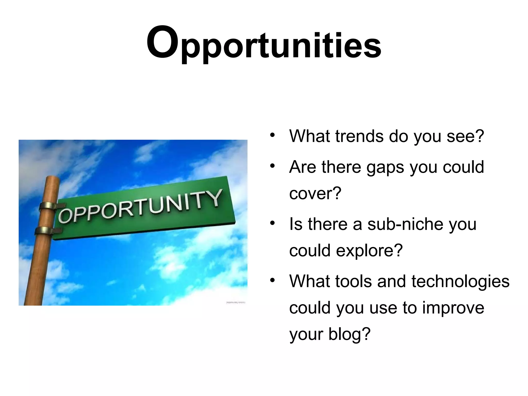 Opportunities
      • What trends do you see?
      • Are there gaps you could
        cover?
      • Is there a sub-niche you
        could explore?
      • What tools and technologies
        could you use to improve
        your blog?
 
