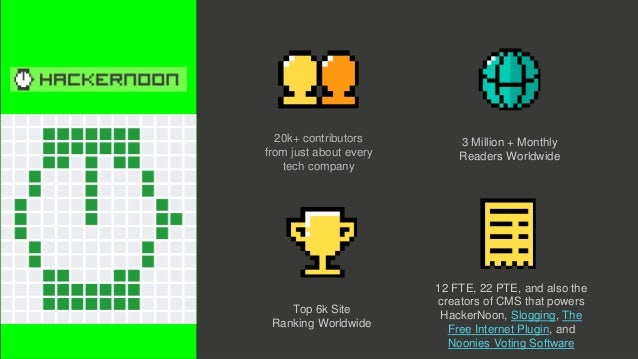 Top 6k Site
Ranking Worldwide
3 Million + Monthly
Readers Worldwide
12 FTE, 22 PTE, and also the
creators of CMS that powers
HackerNoon, Slogging, The
Free Internet Plugin, and
Noonies Voting Software
20k+ contributors
from just about every
tech company
 