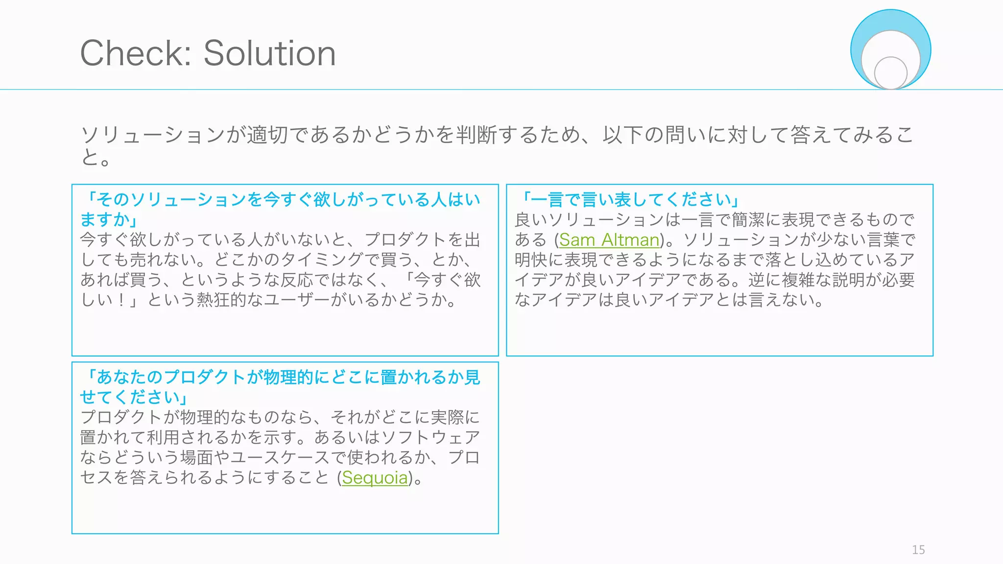 課題を解決する手段としてソリューションが必要である。課題を適切に解決できるソ
リューションであるか (課題と解決策がフィットしているか) を中心に、競合優位性がある
かどうかなどをチェックしていく必要がある。Lean Startup では様々な MVP を作りつ
つ検証していく段階である。
15
1.2 Solution
Customer/
Problem
Fit
Problem/
Solution
Fit
Solution/
Product
Fit
Product/
Market
Fit
• Concierge MVP
• A Single Featured
MVP
 