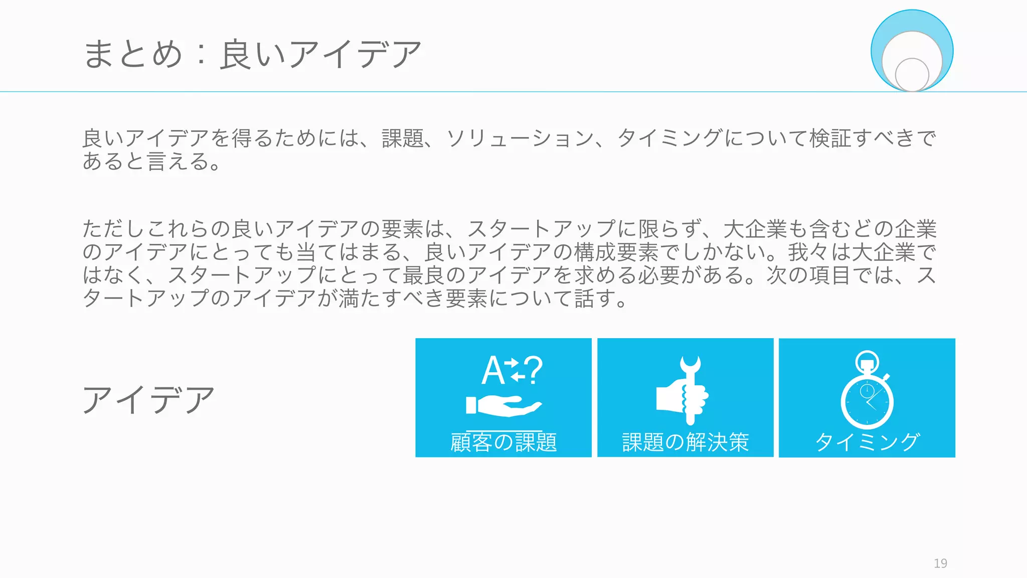 研究者や技術者には強みと弱みがある。多くの場合、課題の設定を間違わなければ研究者
や技術者は多くのアドバンテージがあると言える。
19
良いアイデアにおける研究者/技術者の強みと弱み
弱み：Problem
研究者や技術者はソリューション
から出発することが多く、 「自分
の研究を活用する」ことや「最新
の技術を使う」ことに重きをおき
すぎるときがある。
そんなときは往々にして、自分の
妄想上で顧客の課題を想像しがち
で、顧客がいるかどうかを気にし
ていない (Paul Graham)。ソ
リューションに興味関心が強いこ
とは必ずしも悪いことではないが、
必ず顧客の課題を見つけること。
強み：Solution
技術の進歩は早いので、最新の技
術によって以前は解決不可能だっ
た課題が解決可能になっているこ
とに、技術者や研究者はいち早く
気付くことができる (Paul
Graham)。またそれに対するソ
リューションを自分自身で構築す
ることができる。自分で構築する
ことができれば、よりタイミング
よく市場にソリューションを提供
できる可能性が高い。
強み：Timing
最新の技術に最も早く触れ、技術
の進歩によって解決可能になって
いる問題に、市場の中でいち早く
気づけるため、大きな強みを持っ
ていると言える。
ただし早すぎるときもあるので注
意すること。現時点の最新技術で
顧客の課題を十分に解決でき、顧
客が納得する値段でプロダクトが
売れ、そして自社が利益を得るこ
とができるのか十分に検証する必
要がある。
 