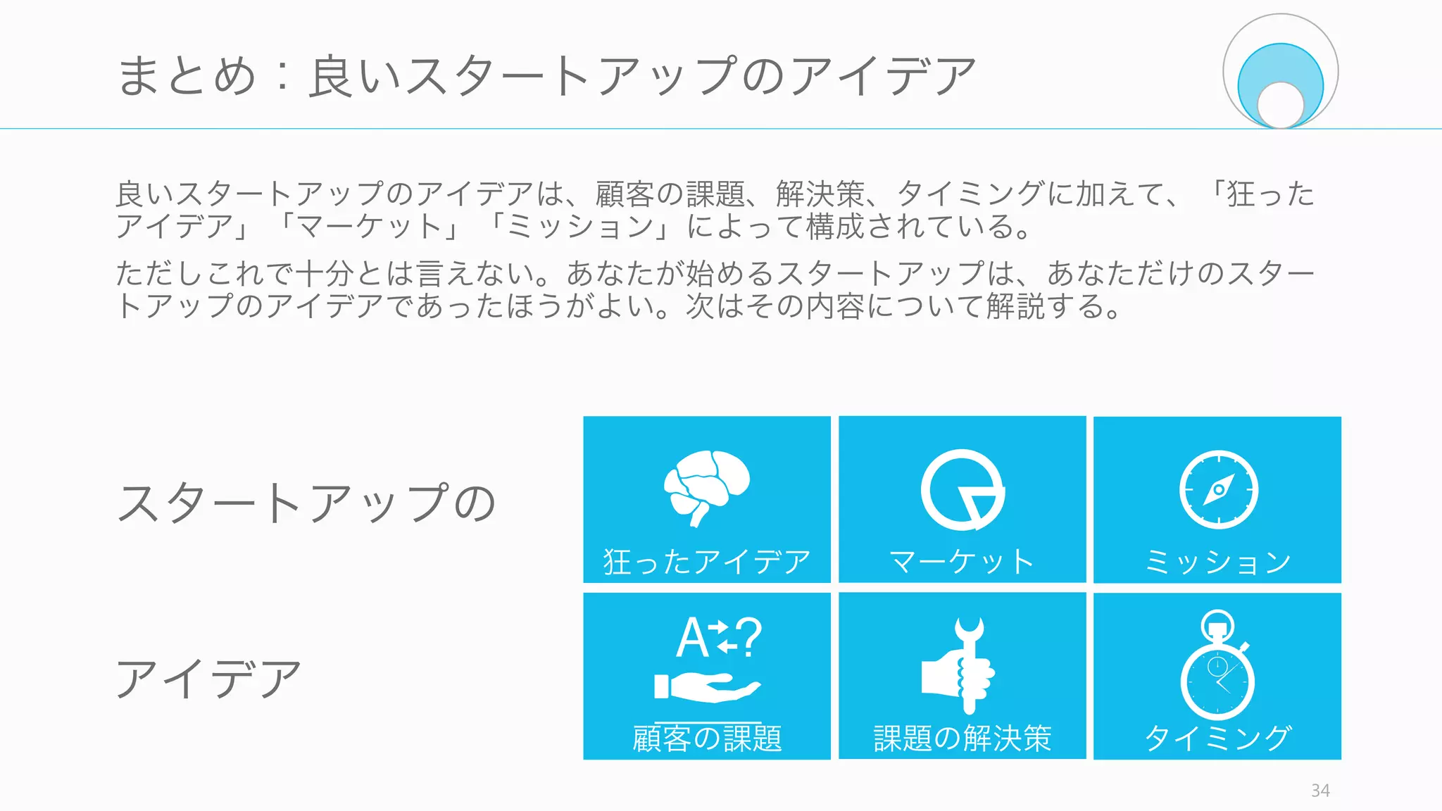 社会的に重要でなくても良いが、ミッションがあるメリットは計り知れない。特にスター
トアップを始めて、初期メンバー以外の人を増やす時にはミッションを定めたほうが良い。
http://startupclass.samaltman.com/courses/lec10/ 34
2.3 Mission
共感する仲間が集まる
失敗する可能性が高く、さらに資
金もなく給料を多く支払えないス
タートアップで従業員に長く働い
てもらうとしたとき、会社のミッ
ションへ共感や興奮してもらうこ
とが大きなインセンティブとなる。
そしてミッションに共感する仲間
が集まれば、熱心に働く人が増え、
スタートアップに良い文化が生ま
れる。
また重要なミッションであればあ
るほど社外からのサポートも得や
すくなる。
意思決定や行動の指針となる
スタートアップが大きくなれば、
すべての意思決定を CEO が行える
わけではなく、従業員が行う必要
が出てくる。その時の判断や行動
の指針となるのがスタートアップ
のミッションであり、文化である。
それがなければ会社の行動が一貫
せず、会社のパフォーマンスが落
ちる。そのためにもミッションは
必要で、またミッションを会社中
に行き渡らせる必要が有る。
ただし後でもいい
最初から大きなミッションが必要
かというとそうではない。多くの
良いスタートアップは、趣味から
始めて、それが大きくなる途中で
ミッションを定めている。あるい
はプロダクトを作る途中で見つか
るかもしれない。
それに「悪いように見えて実は良
い」スタートアップのアイデアは
伝達不可能であり、初期にミッ
ションを定めるのは難しい。トラ
クションを得てからミッションを
策定して、人を惹きつけるような
後回しをしてもいいかもしれない。
 