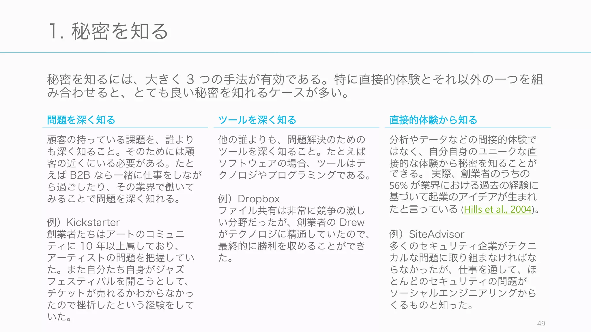 あなたのスタートアップのアイデアに気づくためにお勧めする TODO は、「秘密を知
る」「Idea Maze を描く」「サイドプロジェクトをする」の 3 つである。
49
あなたのアイデアに気づくための TODO
秘密を知る Idea Maze を描く サイドプロジェクトをする
悪いように見えて実は良いアイ
デアの構成要素となる秘密を知
ること。そのためには問題を深
く知り、ツールを深く知り、そ
して直接的体験からの発想が重
要になる。
一度アイデアが生まれたら
Idea Maze (アイデアの迷路)
を描いてみる。アイデアにのめ
り込むのではなく、アイデアを
俯瞰してみてみること。
趣味で良いので、週末を使って
仲間と一緒にサイドプロジェク
トを始める。スタートアップの
アイデアにならなくても良い。
 