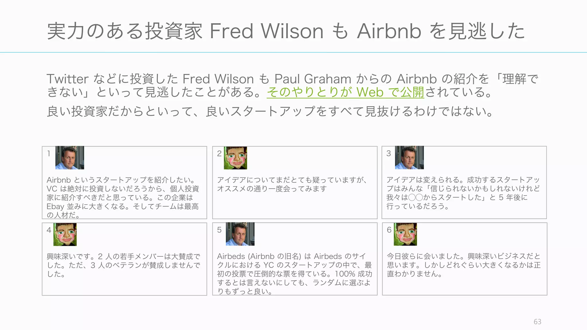 良いスタートアップのアイデアは狂ったアイデアであり、市場規模も小さいため、良い投
資家しか構造的に理解できない（だからこそ あなた 以外の人にはできない）
63
良いアイデアであるほど投資を受けるのが難しい
1. 良いアイデア
2. 良い
スタートアップの
アイデア
3. あなたの
スタートアップの
アイデア
良いアイデアは普通の支援者や
投資家でも理解できる
良いスタートアップのアイデア
は狂っているので、ほとんどの
投資家は理解できない
あなたのスタートアップのアイ
デアは狂っているし、あなたと
同じ興味を持つ、あなたにぴっ
たりの投資家にしか理解できな
い。そんな人がいるのかは分か
らない。
 