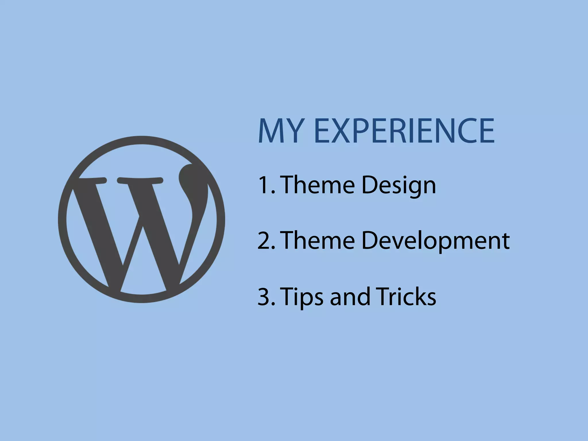 MY EXPERIENCE
1. Theme Design
2. Theme Development
3. Tips and Tricks