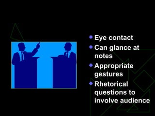 Things You Should Do Eye contact Can glance at notes Appropriate gestures Rhetorical questions to involve audience 