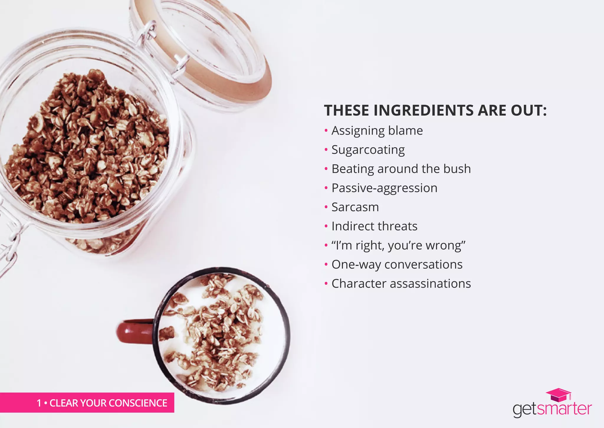 THESE INGREDIENTS ARE OUT:
• Assigning blame
• Sugarcoating
• Beating around the bush
• Passive-aggression
• Sarcasm
• Indirect threats
• “I’m right, you’re wrong”
• One-way conversations
• Character assassinations
1 • CLEAR YOUR CONSCIENCE
 