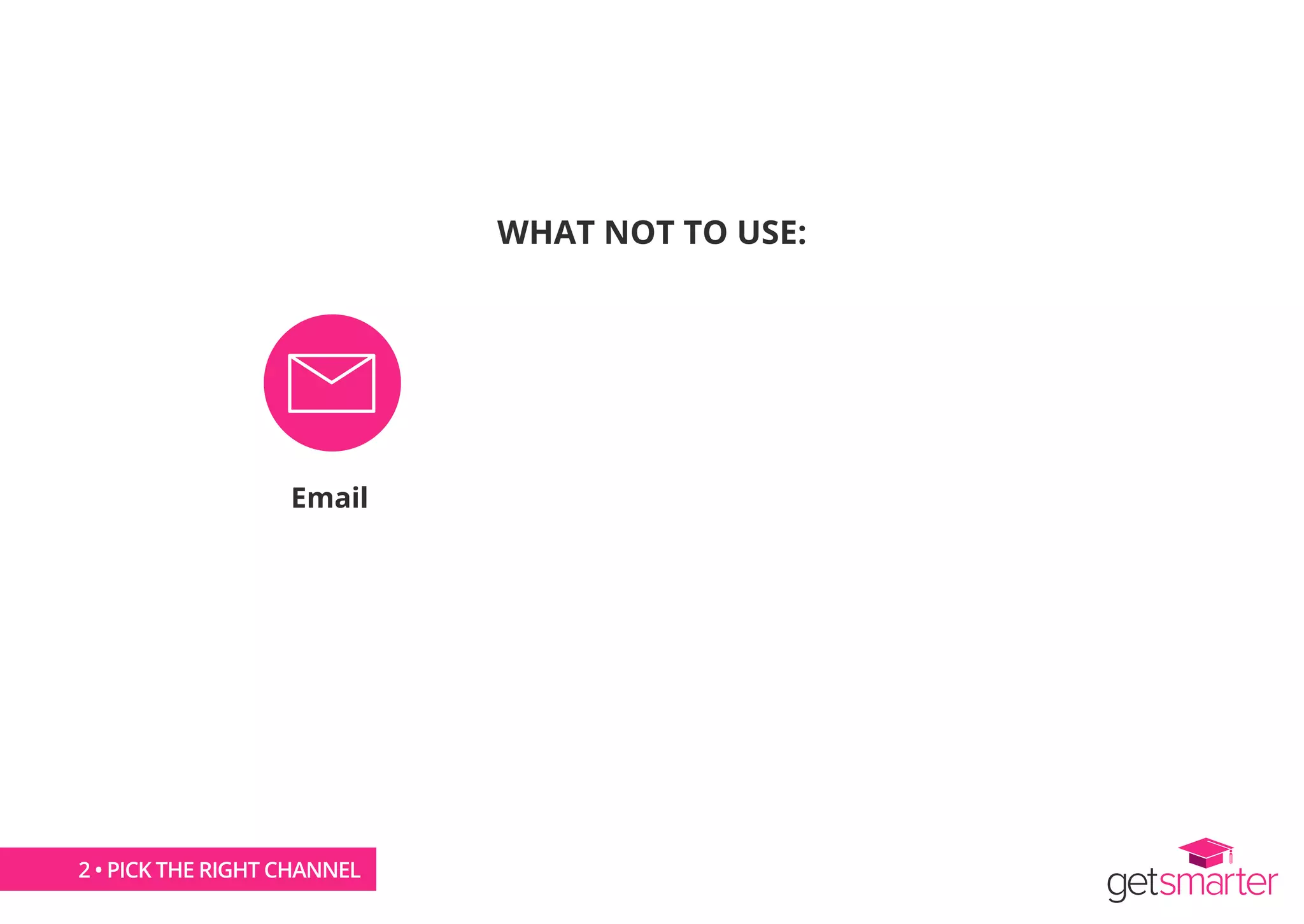WHAT NOT TO USE:
Email
2 • PICK THE RIGHT CHANNEL
 