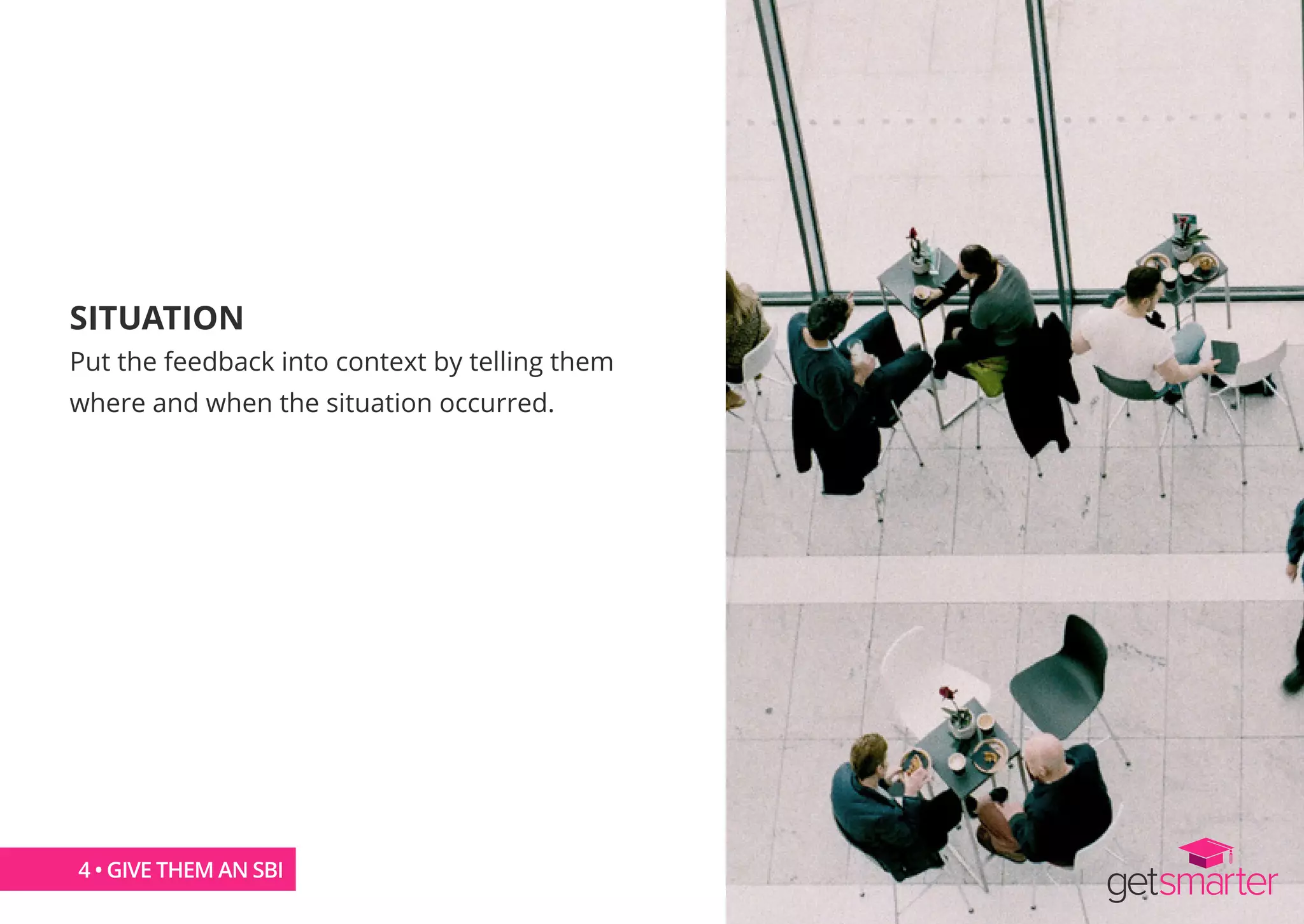 SITUATION
Put the feedback into context by telling them
where and when the situation occurred.
4 • GIVE THEM AN SBI
 