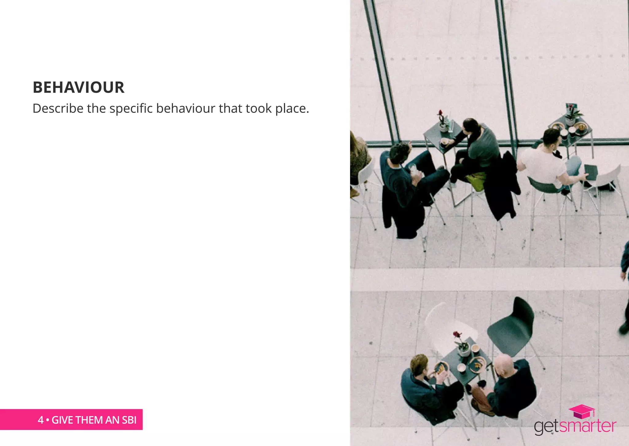 BEHAVIOUR
Describe the specific behaviour that took place.
4 • GIVE THEM AN SBI
 