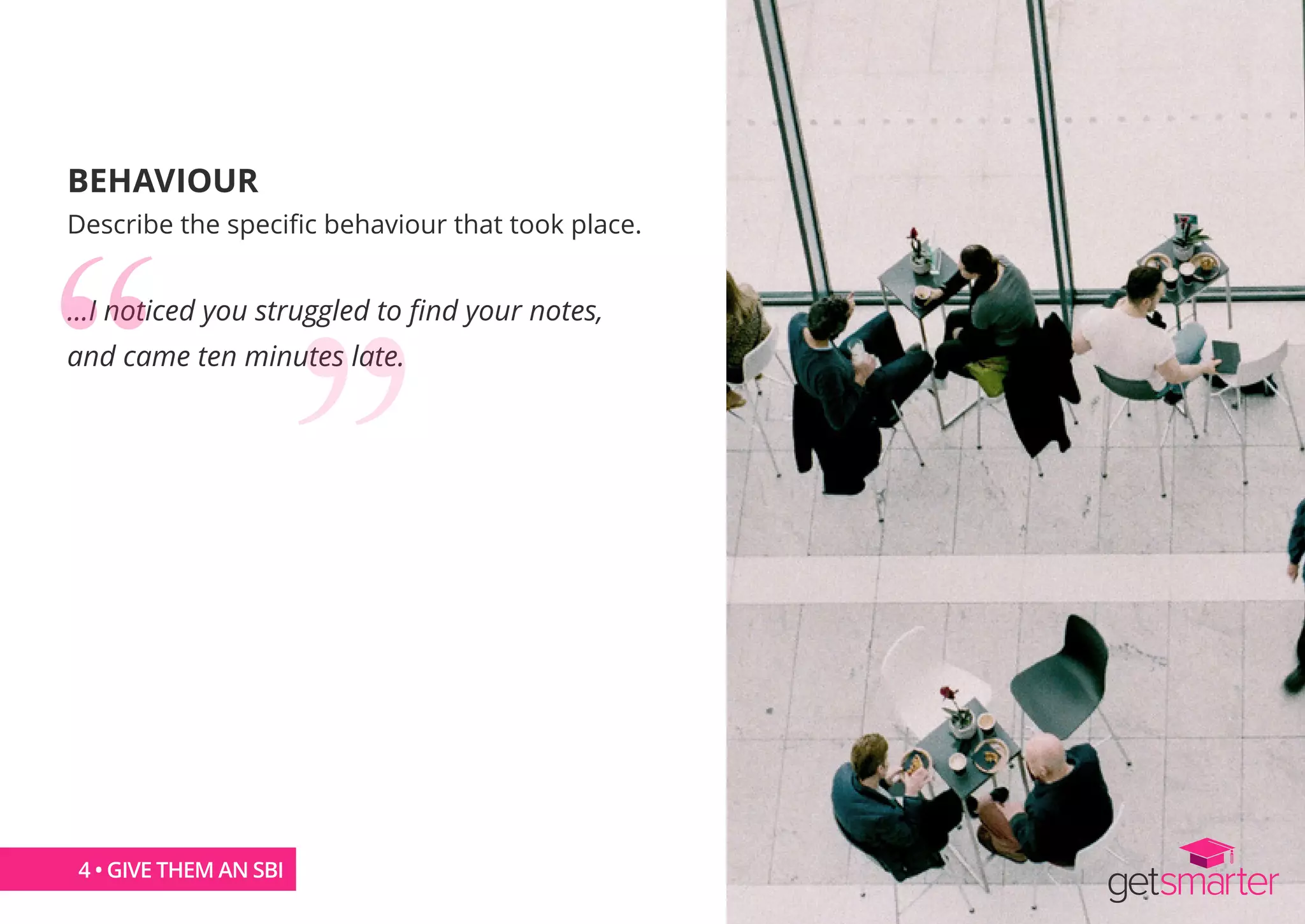 BEHAVIOUR
Describe the specific behaviour that took place.
...I noticed you struggled to find your notes,
and came ten minutes late.
4 • GIVE THEM AN SBI
 