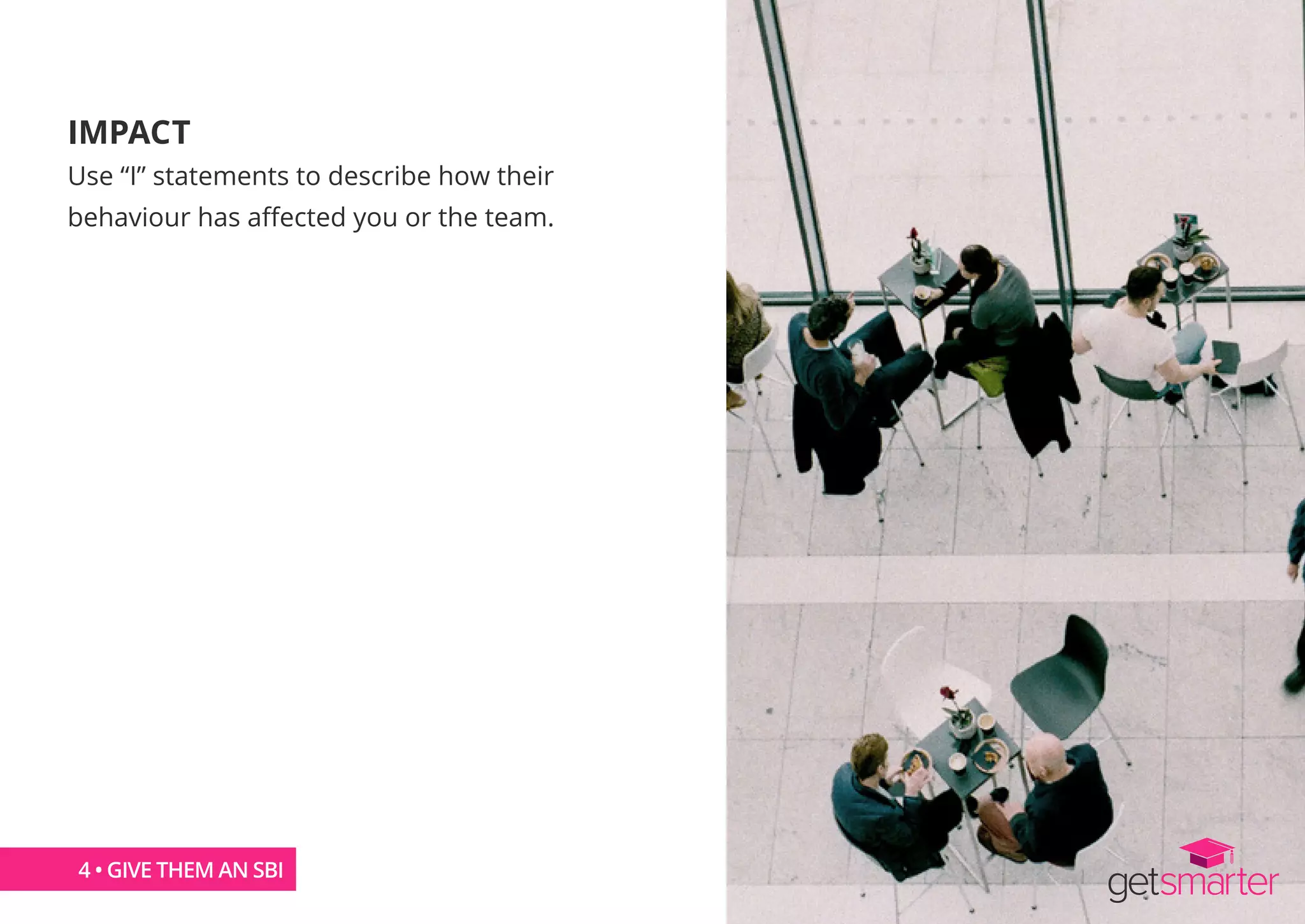IMPACT
Use “I” statements to describe how their
behaviour has affected you or the team.
4 • GIVE THEM AN SBI
 