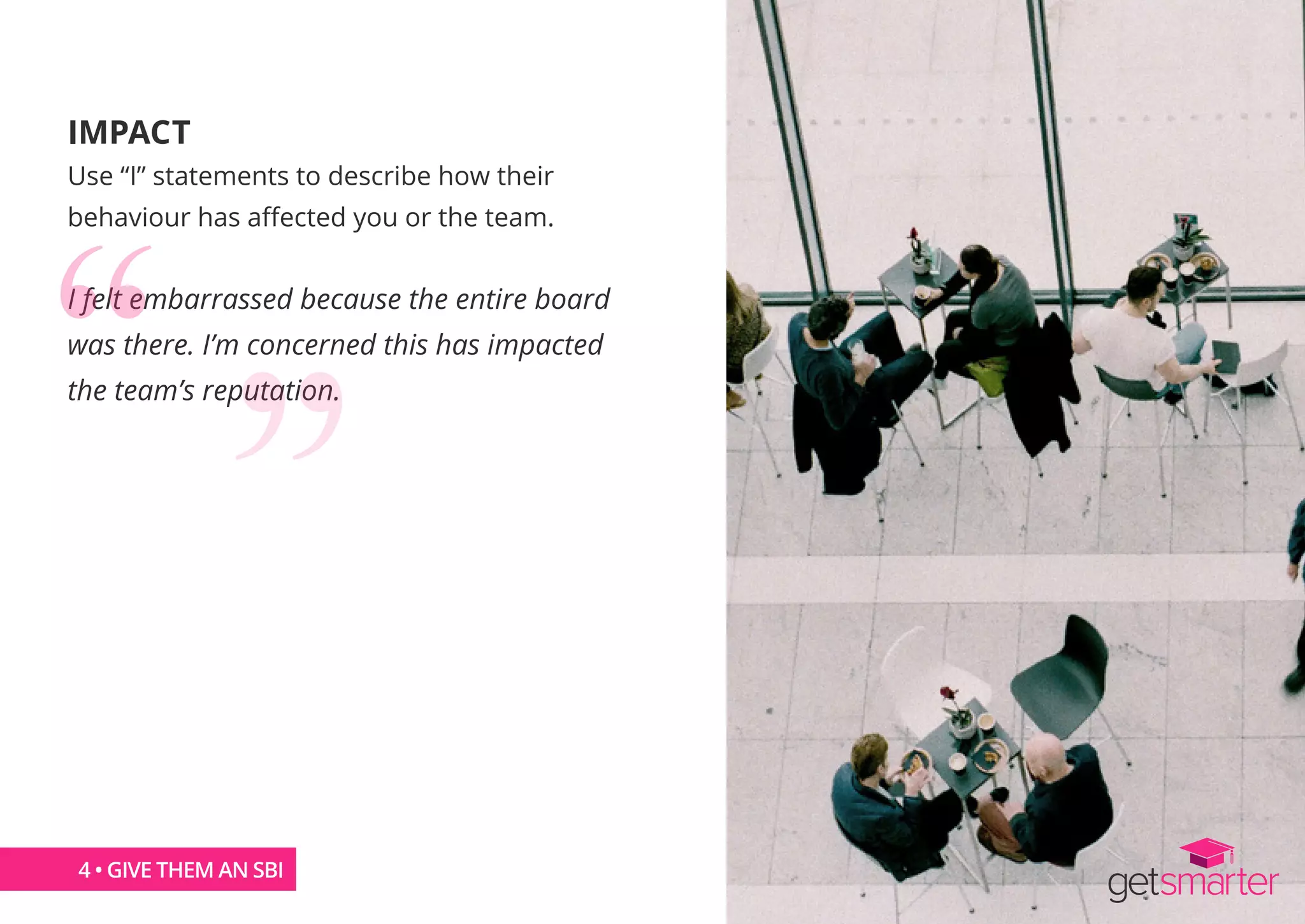 IMPACT
Use “I” statements to describe how their
behaviour has affected you or the team.
I felt embarrassed because the entire board
was there. I’m concerned this has impacted
the team’s reputation.
4 • GIVE THEM AN SBI
 
