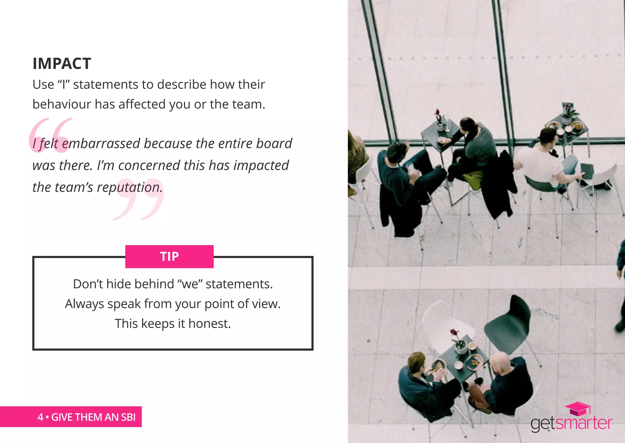 IMPACT
Use “I” statements to describe how their
behaviour has affected you or the team.
I felt embarrassed because the entire board
was there. I’m concerned this has impacted
the team’s reputation.
Don’t hide behind “we” statements.
Always speak from your point of view.
This keeps it honest.
TIP
4 • GIVE THEM AN SBI
 
