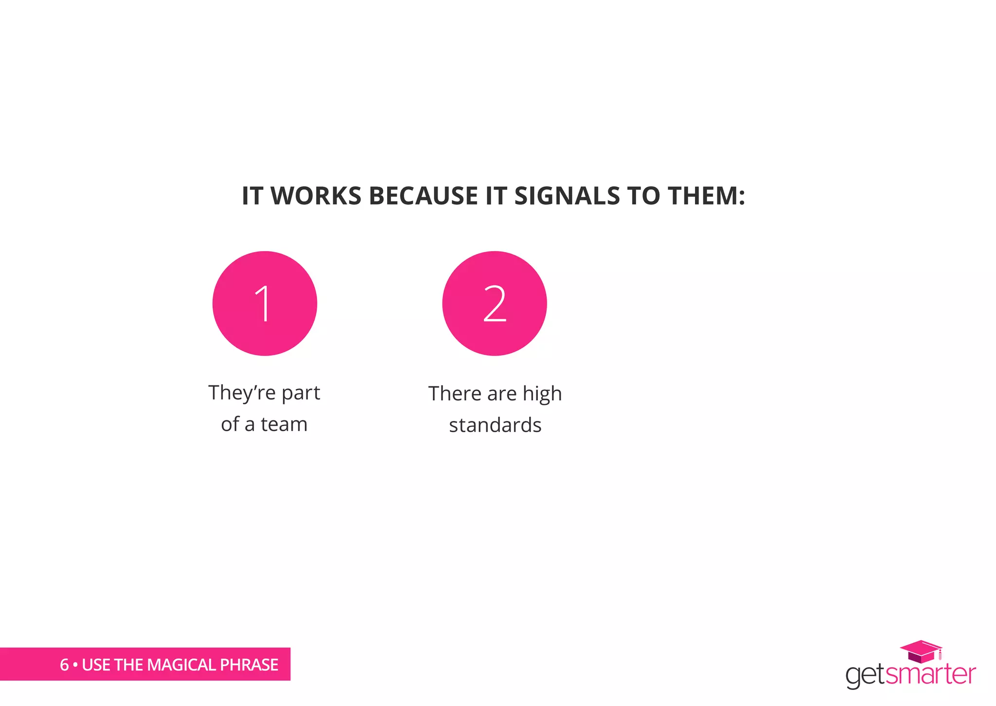 IT WORKS BECAUSE IT SIGNALS TO THEM:
They’re part
of a team
There are high
standards
1 2 3
6 • USE THE MAGICAL PHRASE
 