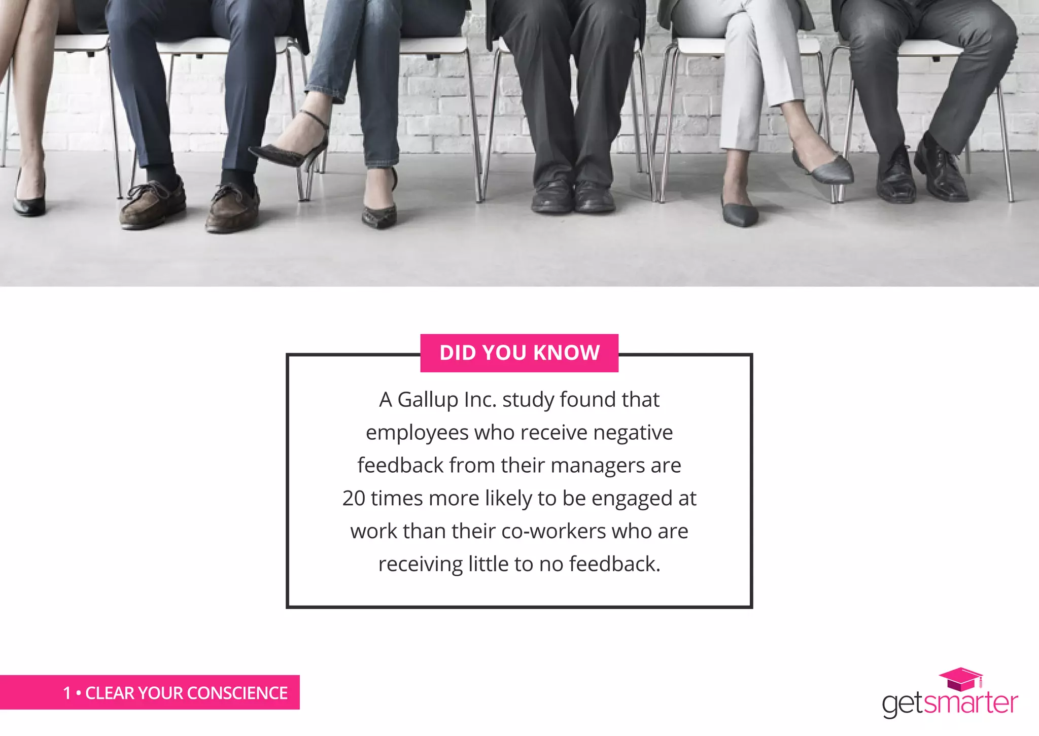 A Gallup Inc. study found that
employees who receive negative
feedback from their managers are
20 times more likely to be engaged at
work than their co-workers who are
receiving little to no feedback.
DID YOU KNOW
1 • CLEAR YOUR CONSCIENCE
 