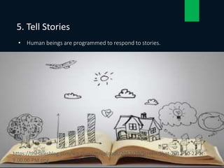 • Human beings are programmed to respond to stories.
5. Tell Stories
20
https://thesalesblog.com/wp-content/uploads/2012/10/Screen-Shot-2012-10-22-at-
9.00.06-PM.png
 