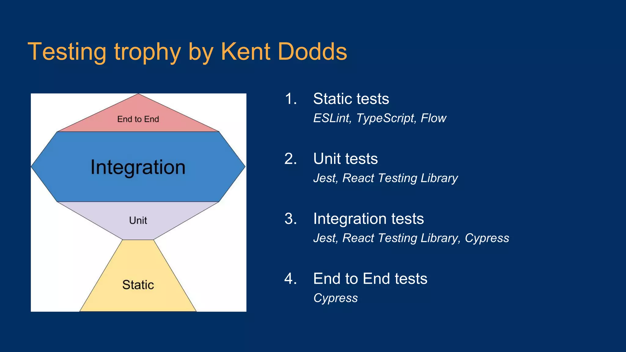 Testing trophy by Kent Dodds 1. Static tests ESLint, TypeScript, Flow 2. Unit tests Jest, React Testing Library 3. Integration tests Jest, React Testing Library, Cypress 4. End to End tests Cypress 