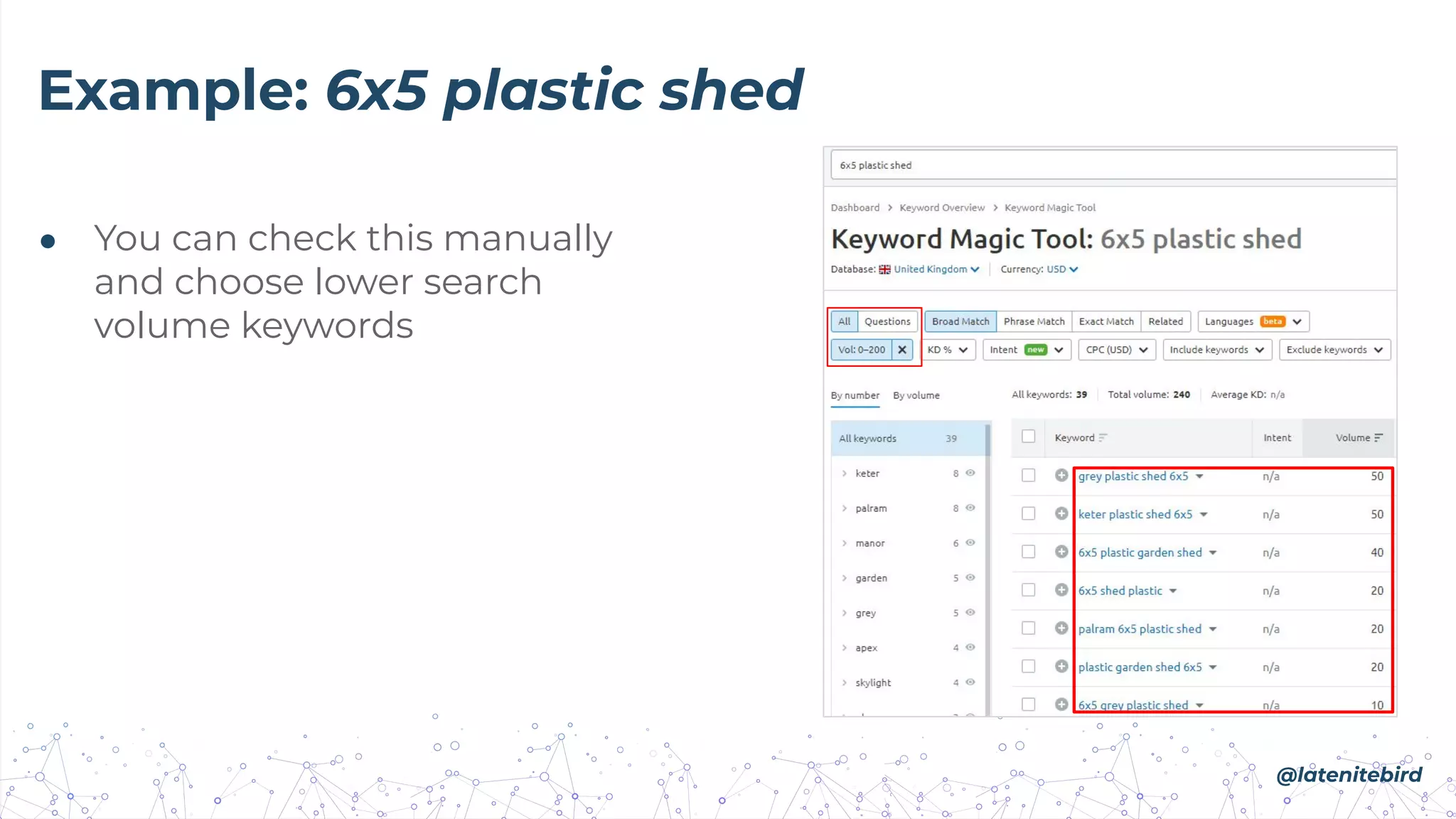 Example: 6x5 plastic shed
● You can check this manually
and choose lower search
volume keywords
@latenitebird
 