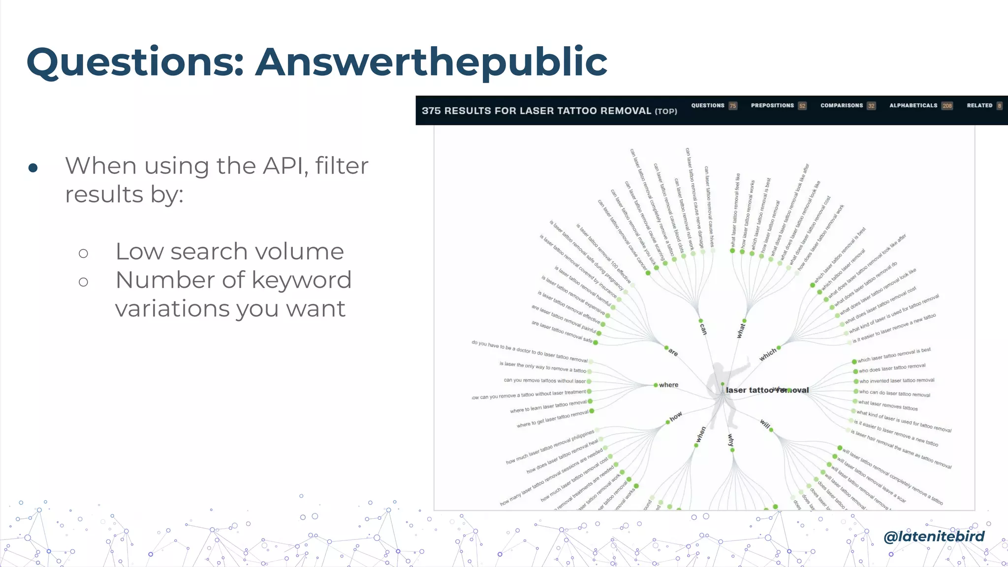 Questions: Answerthepublic
● When using the API, ﬁlter
results by:
○ Low search volume
○ Number of keyword
variations you want
@latenitebird
 