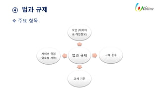 ④ 법과 규제
 주요 항목
법과 규제
보안 (데이터
& 개인정보)
규제 준수
과세 기준
사이버 국경
(글로벌 사업)
 