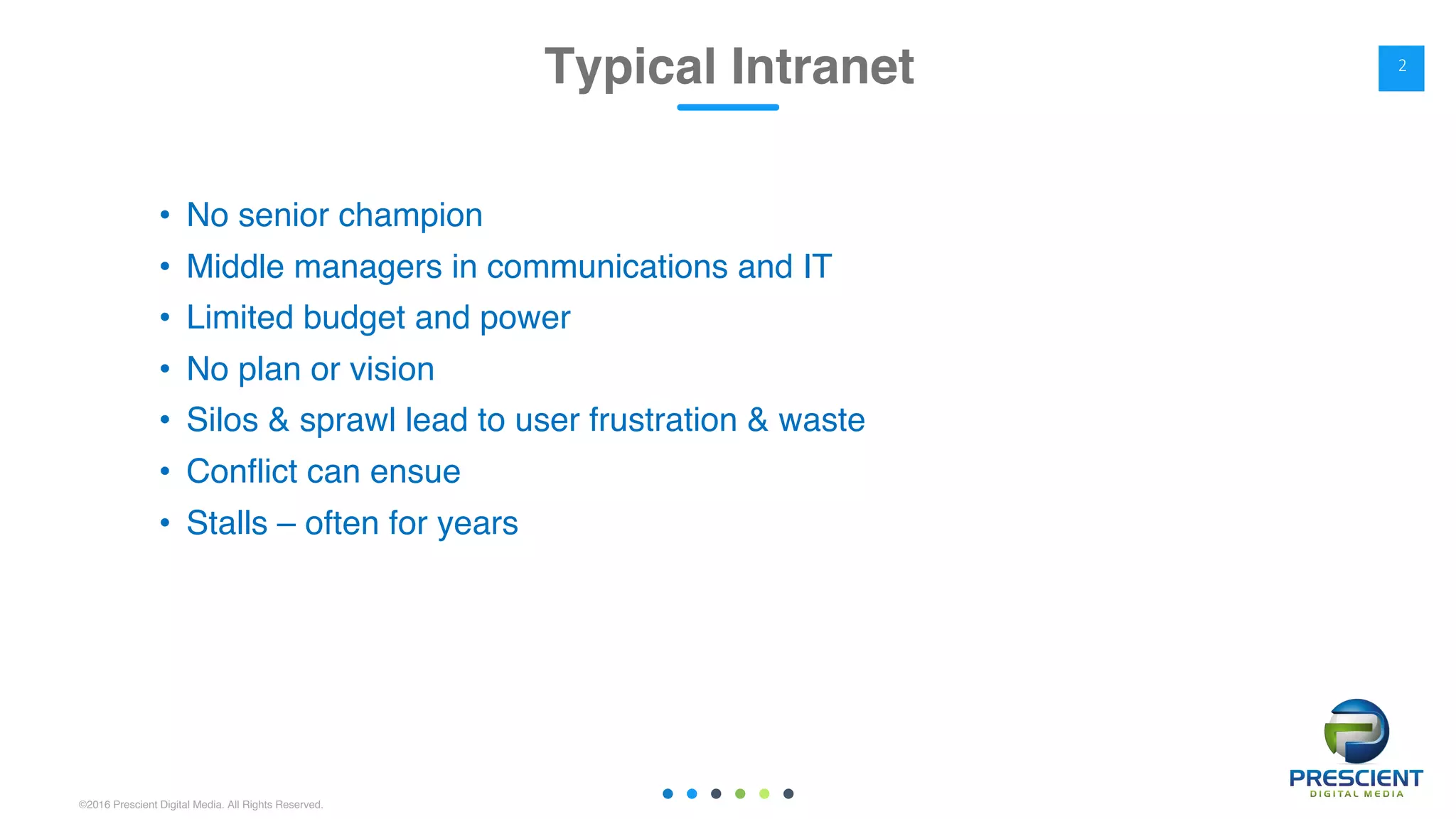 ©2016 Prescient Digital Media. All Rights Reserved.
• No senior champion
• Middle managers in communications and IT
• Limited budget and power
• No plan or vision
• Silos & sprawl lead to user frustration & waste
• Conflict can ensue
• Stalls – often for years
Typical Intranet 2
 
