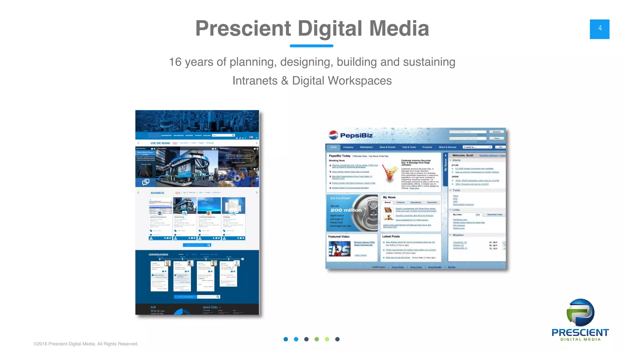 ©2016 Prescient Digital Media. All Rights Reserved.
Prescient Digital Media
16 years of planning, designing, building and sustaining
Intranets & Digital Workspaces
4
 