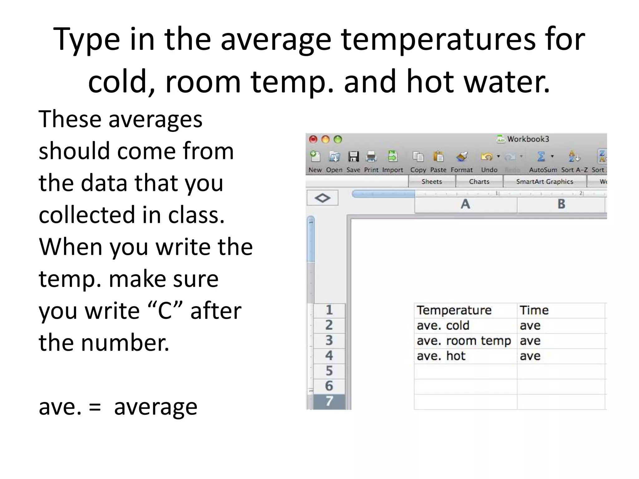 Type in the average temperatures for
cold, room temp. and hot water.
These averages
should come from
the data that you
collected in class.
When you write the
temp. make sure
you write “C” after
the number.
ave. = average