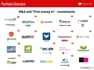 3 | 17/09/2015
Portfolio Overview
M&A and “First money in” - investments
 