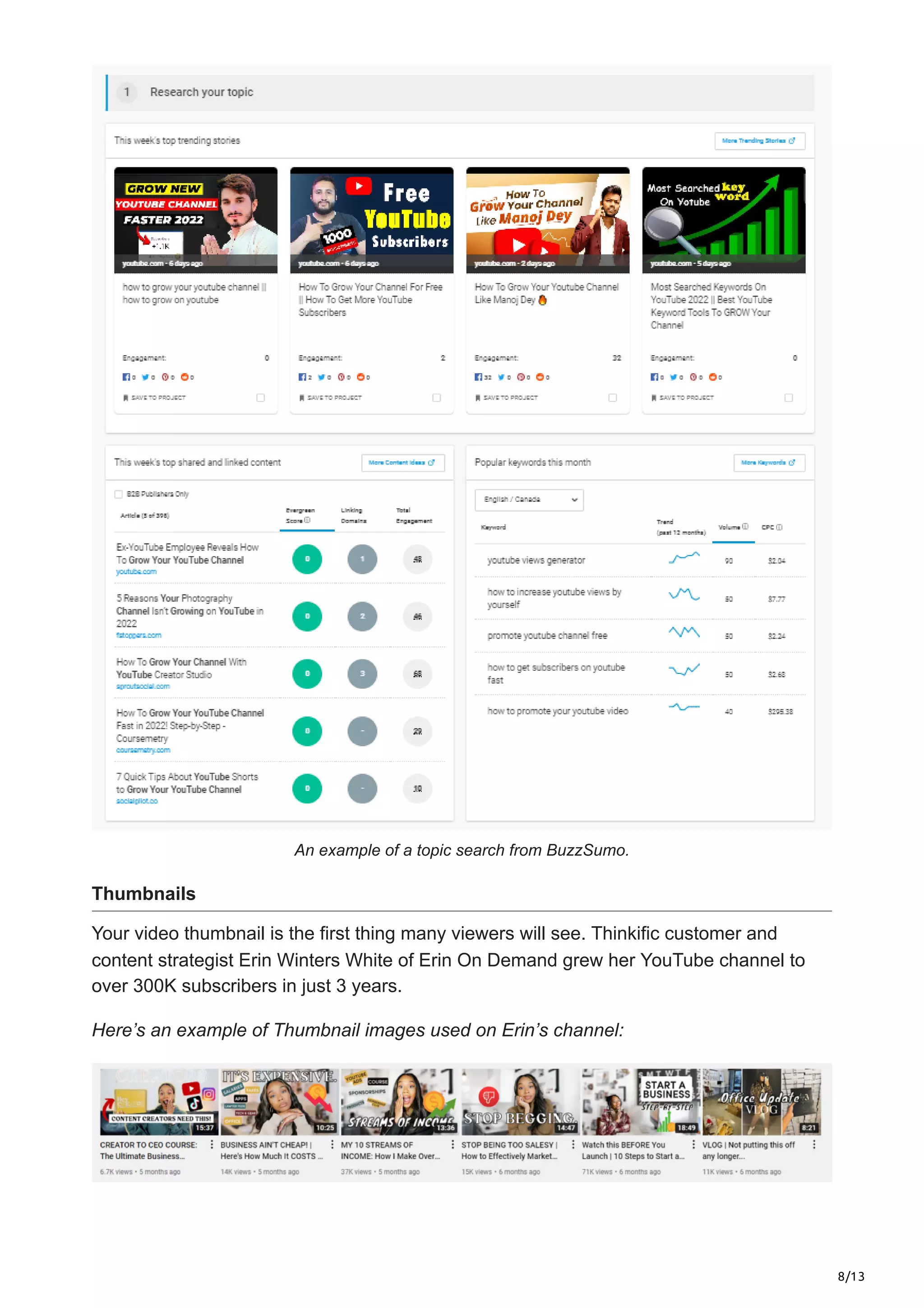 8/13
An example of a topic search from BuzzSumo.
Thumbnails
Your video thumbnail is the first thing many viewers will see. Thinkific customer and
content strategist Erin Winters White of Erin On Demand grew her YouTube channel to
over 300K subscribers in just 3 years.
Here’s an example of Thumbnail images used on Erin’s channel:
 