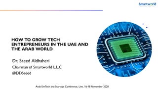 HOW TO GROW TECH
ENTREPRENEURS IN THE UAE AND
THE ARAB WORLD
Dr. Saeed Aldhaheri
Chairman of Smartworld L.L.C
@DDSaeed
Arab EmTech and Startups Conference, Live, 16-18 November 2020
 