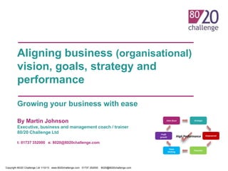 Aligning business (organisational)
vision, goals, strategy and
performance
Growing your business with ease
By Martin Johnson

Clear focus

Executive, business and management coach / trainer
80/20 Challenge Ltd

Profit
growth

Strategic

High Performance

t: 01737 352000 e: 8020@8020challenge.com
Team
thinking

Copyright 80/20 Challenge Ltd 1/10/13 www.8020challenge.com 01737 352000

8020@8020challenge.com

Proactive

Empowered

 