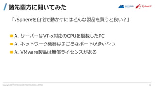 Copyright 2021 FUJITSU CLOUD TECHNOLOGIES LIMITED
諸先輩方に聞いてみた
「vSphereを自宅で動かすにはどんな製品を買うと良い？」
 A. サーバーはVT-x対応のCPUを搭載したPC
 A. ネットワーク機器は手ごろなポートが多いやつ
 A. VMware製品は無償ライセンスがある
12
 