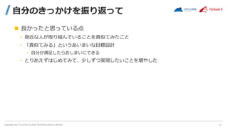 Copyright 2021 FUJITSU CLOUD TECHNOLOGIES LIMITED
自分のきっかけを振り返って
 良かったと思っている点
• 身近な人が取り組んでいることを真似てみたこと
• 「真似てみる」というあいまいな目標設計
• 自分が満足したらおしまいにできる
• とりあえずはじめてみて、少しずつ実現したいことを増やした
17
 