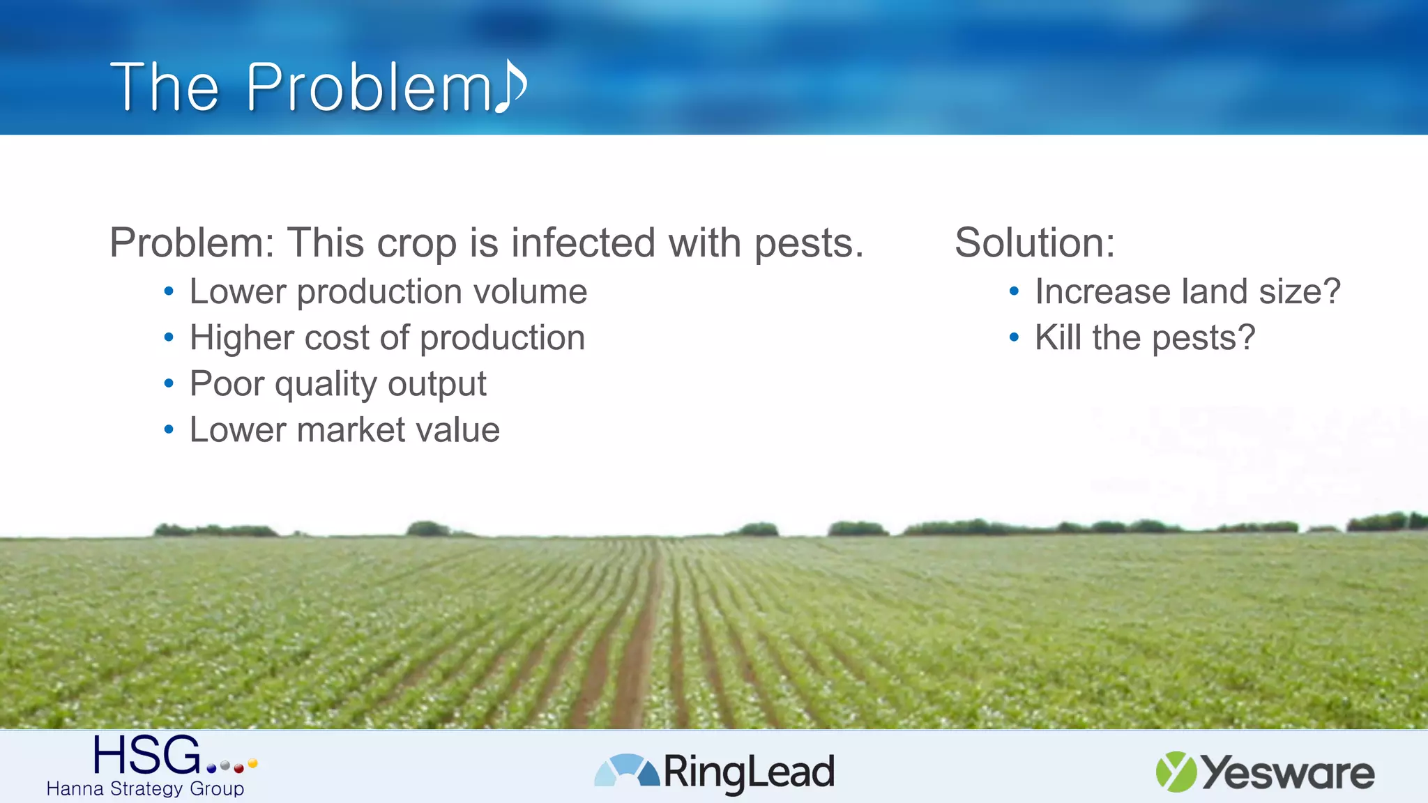 The Problem
Problem: This crop is infected with pests.
•  Lower production volume
•  Higher cost of production
•  Poor quality output
•  Lower market value
Solution:
•  Increase land size?
•  Kill the pests?
 