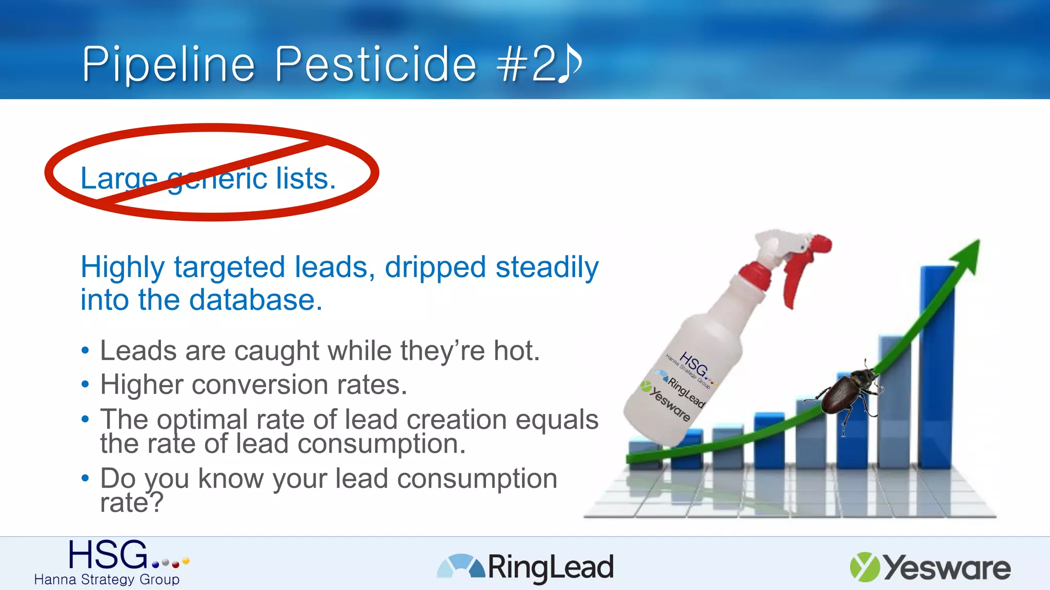 Pipeline Pesticide #2
Large generic lists.
•  Leads are caught while they’re hot.
•  Higher conversion rates.
•  The optimal rate of lead creation equals
the rate of lead consumption.
•  Do you know your lead consumption
rate?
Highly targeted leads, dripped steadily
into the database.
 