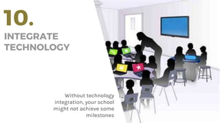 10.
INTEGRATE
TECHNOLOGY
Without technology
integration, your school
might not achieve some
milestones
 