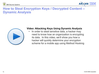 © 2015 IBM Corporation
IBM Security Systems
12
How to Steal Encryption Keys / Decrypted Content –
Dynamic Analysis
Video: Attacking Keys Using Dynamic Analysis
• In order to steal sensitive data, a hacker may
need to know how an organization is encrypting
its data. In this video, we’ll show you how a
hacker will quickly determine your encryption
scheme for a mobile app using Method Hooking
 