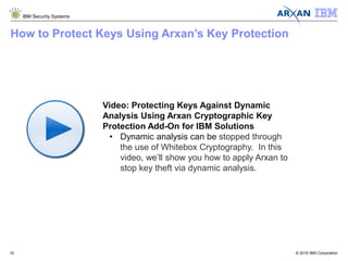 © 2015 IBM Corporation
IBM Security Systems
15
How to Protect Keys Using Arxan’s Key Protection
Video: Protecting Keys Against Dynamic
Analysis Using Arxan Cryptographic Key
Protection Add-On for IBM Solutions
• Dynamic analysis can be stopped through
the use of Whitebox Cryptography. In this
video, we’ll show you how to apply Arxan to
stop key theft via dynamic analysis.
 