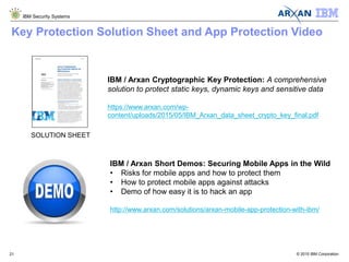 © 2015 IBM Corporation
IBM Security Systems
21
Key Protection Solution Sheet and App Protection Video
IBM / Arxan Cryptographic Key Protection: A comprehensive
solution to protect static keys, dynamic keys and sensitive data
https://www.arxan.com/wp-
content/uploads/2015/05/IBM_Arxan_data_sheet_crypto_key_final.pdf
IBM / Arxan Short Demos: Securing Mobile Apps in the Wild
• Risks for mobile apps and how to protect them
• How to protect mobile apps against attacks
• Demo of how easy it is to hack an app
http://www.arxan.com/solutions/arxan-mobile-app-protection-with-ibm/
SOLUTION SHEET
 