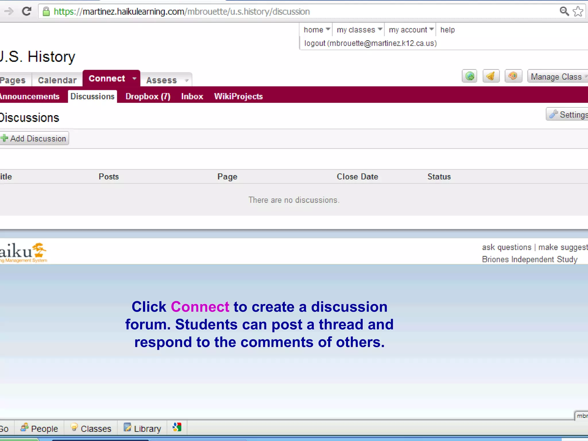 62626262
Click Connect to create a discussion
forum. Students can post a thread and
respond to the comments of others.
 