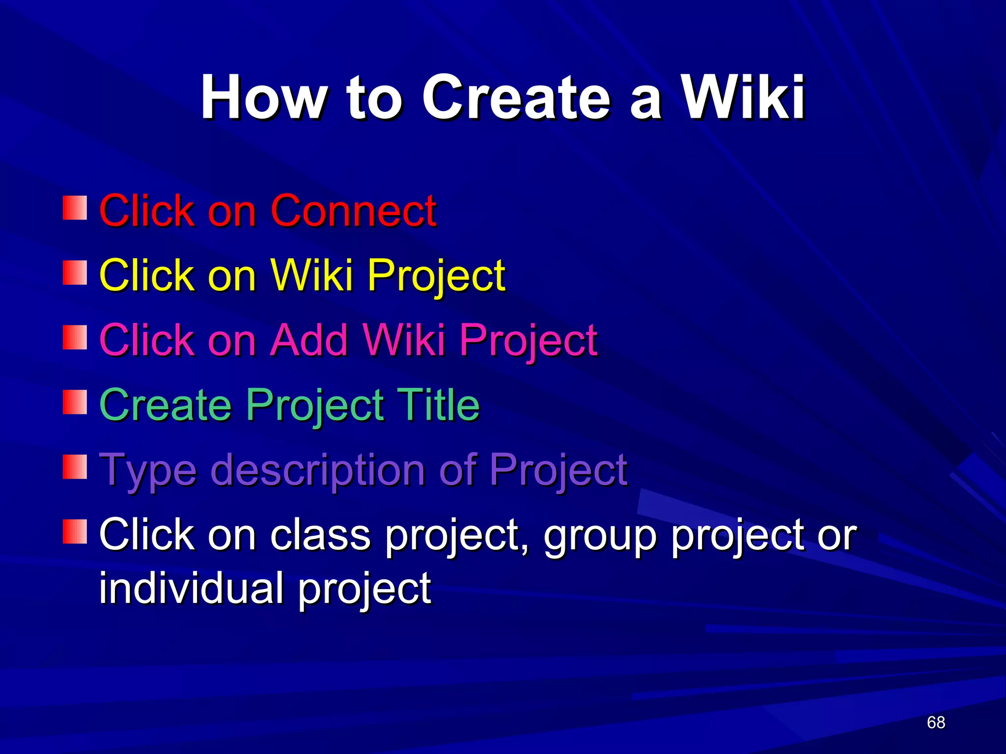 68686868
How to Create a WikiHow to Create a Wiki
Click on ConnectClick on Connect
Click on Wiki ProjectClick on Wiki Project
Click on Add Wiki ProjectClick on Add Wiki Project
Create Project TitleCreate Project Title
Type description of ProjectType description of Project
Click on class project, group project orClick on class project, group project or
individual projectindividual project
 